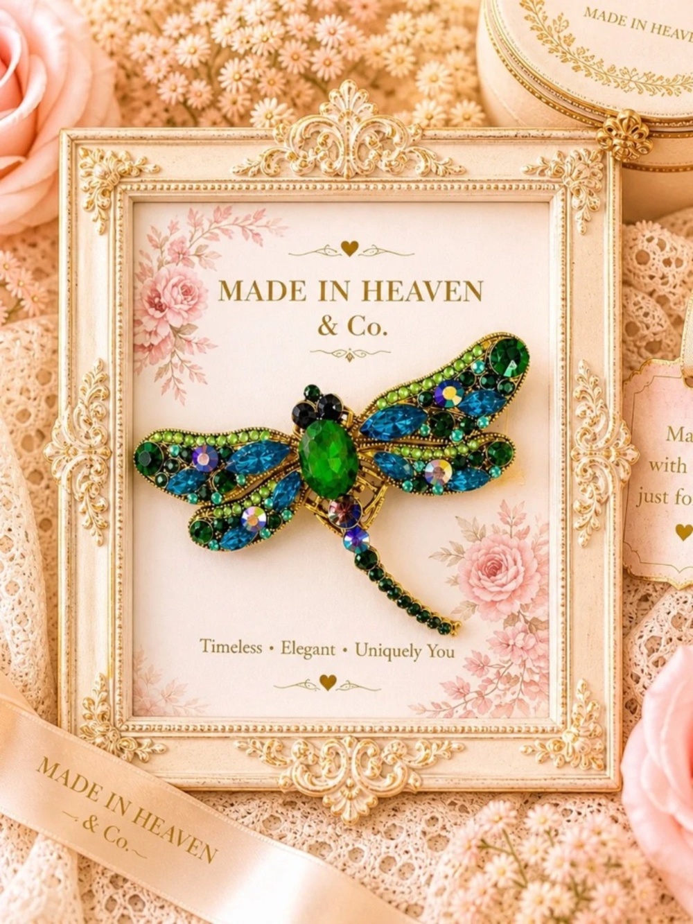 Green & Blue Dragonfly Crystal Brooch NIB